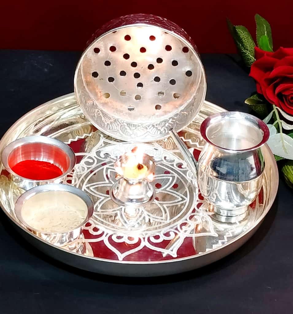 German silver chalni, karwa/lota,thali, diya and 2 bowl for krawachauth festival